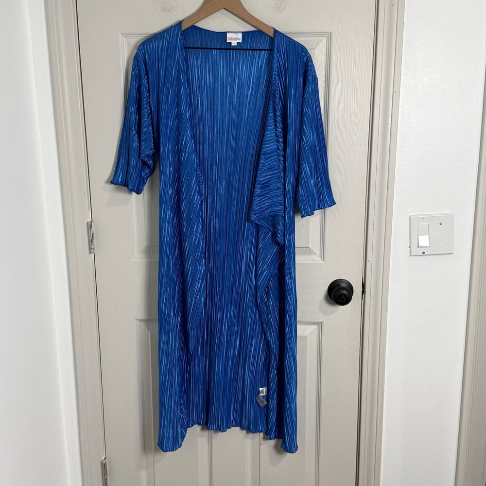 LuLaRoe Joy Duster Vest Women Small Blue Pleated Accordion Longline Open Boho